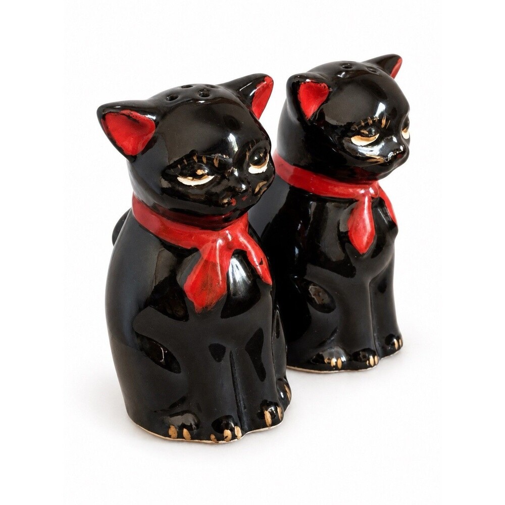 Vintage Japan Black Cat Salt Pepper Shakers Ceramic Red Bow Halloween Kitsch 3.5